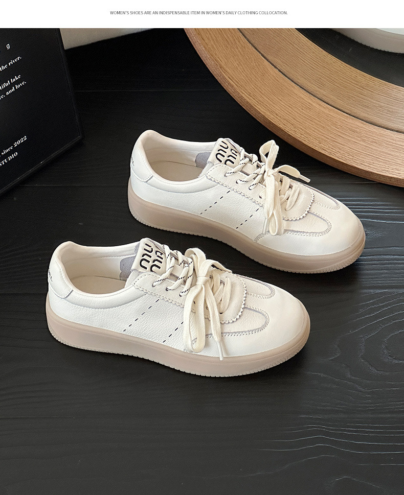 Women's Top Layer Cowhide White Sneakers, Soft Sole Casual Walking Shoes, Round Toe Lace-Up