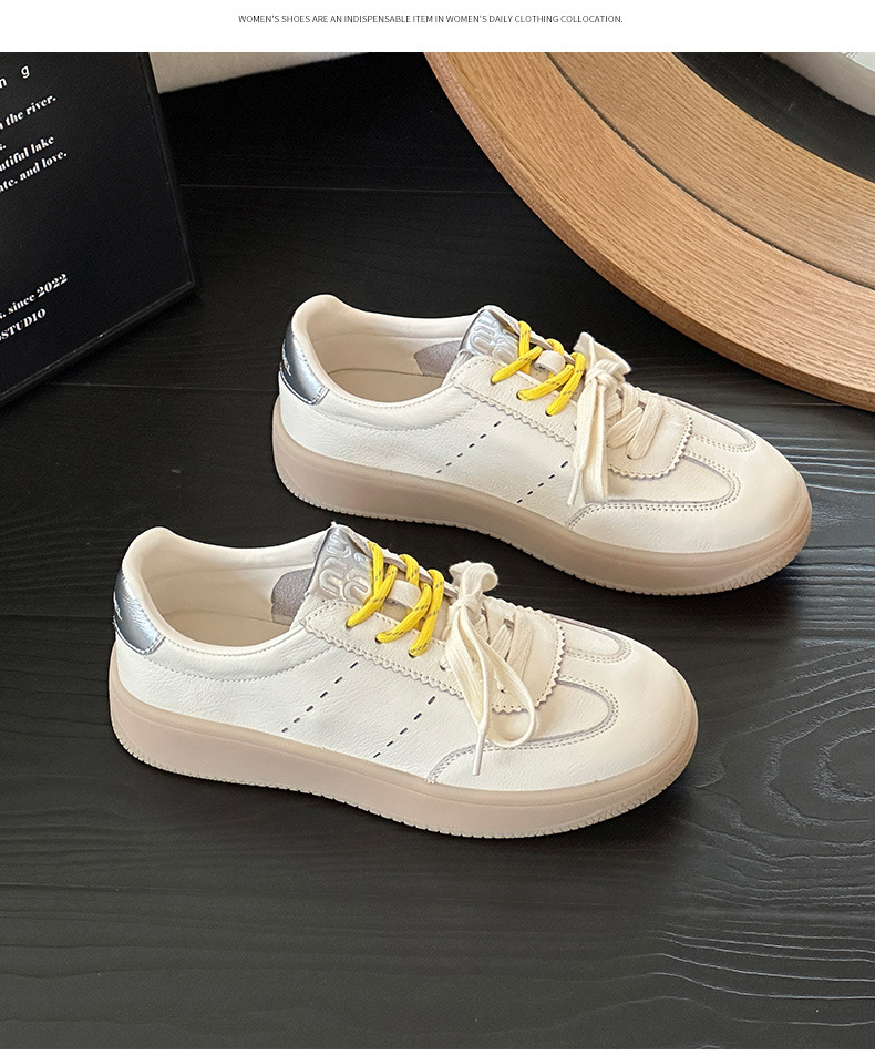 Women's Top Layer Cowhide White Sneakers, Soft Sole Casual Walking Shoes, Round Toe Lace-Up