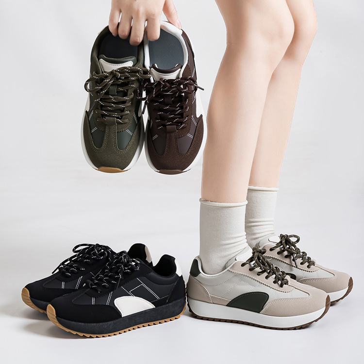 Women Retro Color Block German Army Trainer Sneakers, Thick Sole Casual Walking Shoes