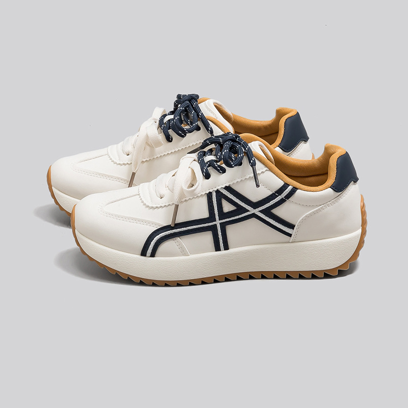 Women's Color Block Lace-Up Sneakers, PU Casual Walking Shoes with Thick Sole