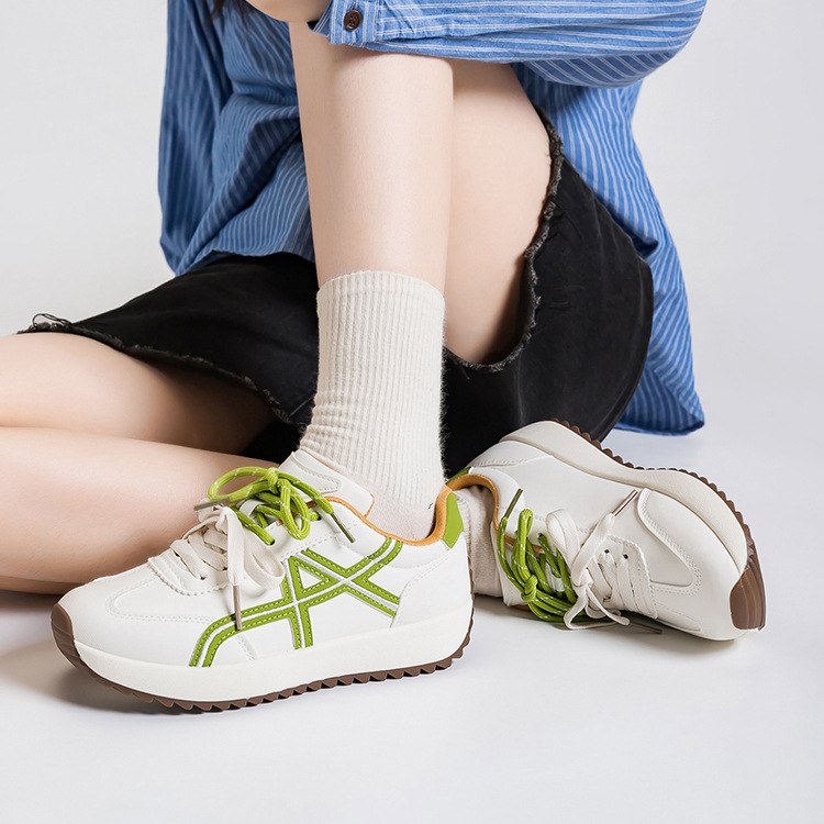 Women's Color Block Lace-Up Sneakers, PU Casual Walking Shoes with Thick Sole