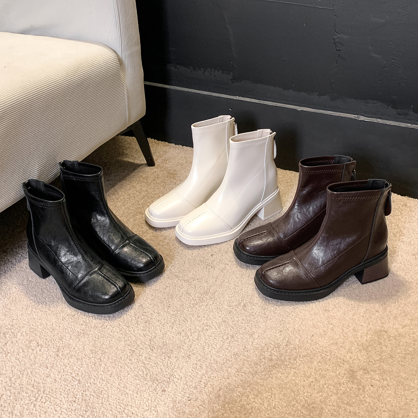 Women Square Toe Chunky Heel Chelsea Ankle Boots, PU Low Shaft Winter Boots with Back Zip