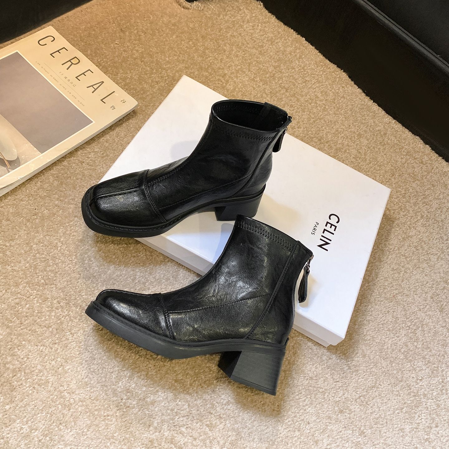 Women Square Toe Chunky Heel Chelsea Ankle Boots, PU Low Shaft Winter Boots with Back Zip