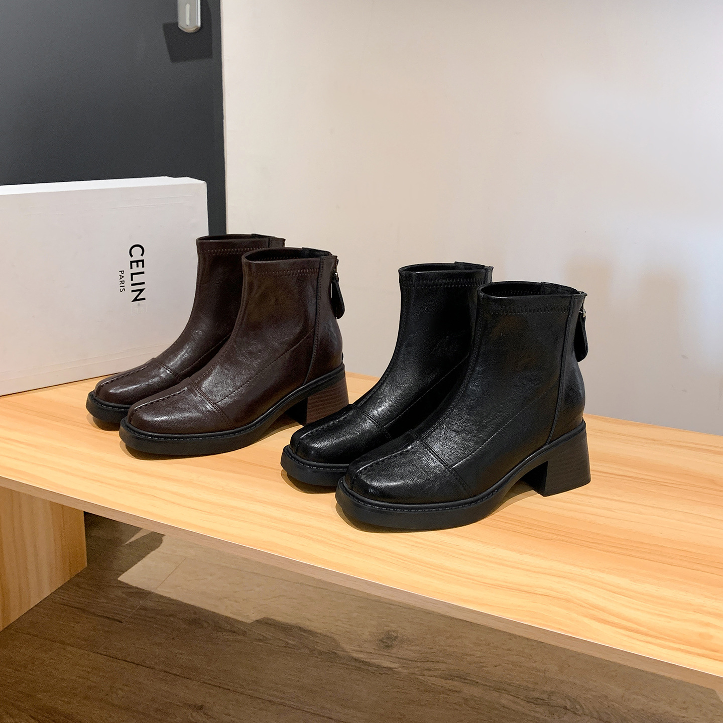 Women Square Toe Chunky Heel Chelsea Ankle Boots, PU Low Shaft Winter Boots with Back Zip
