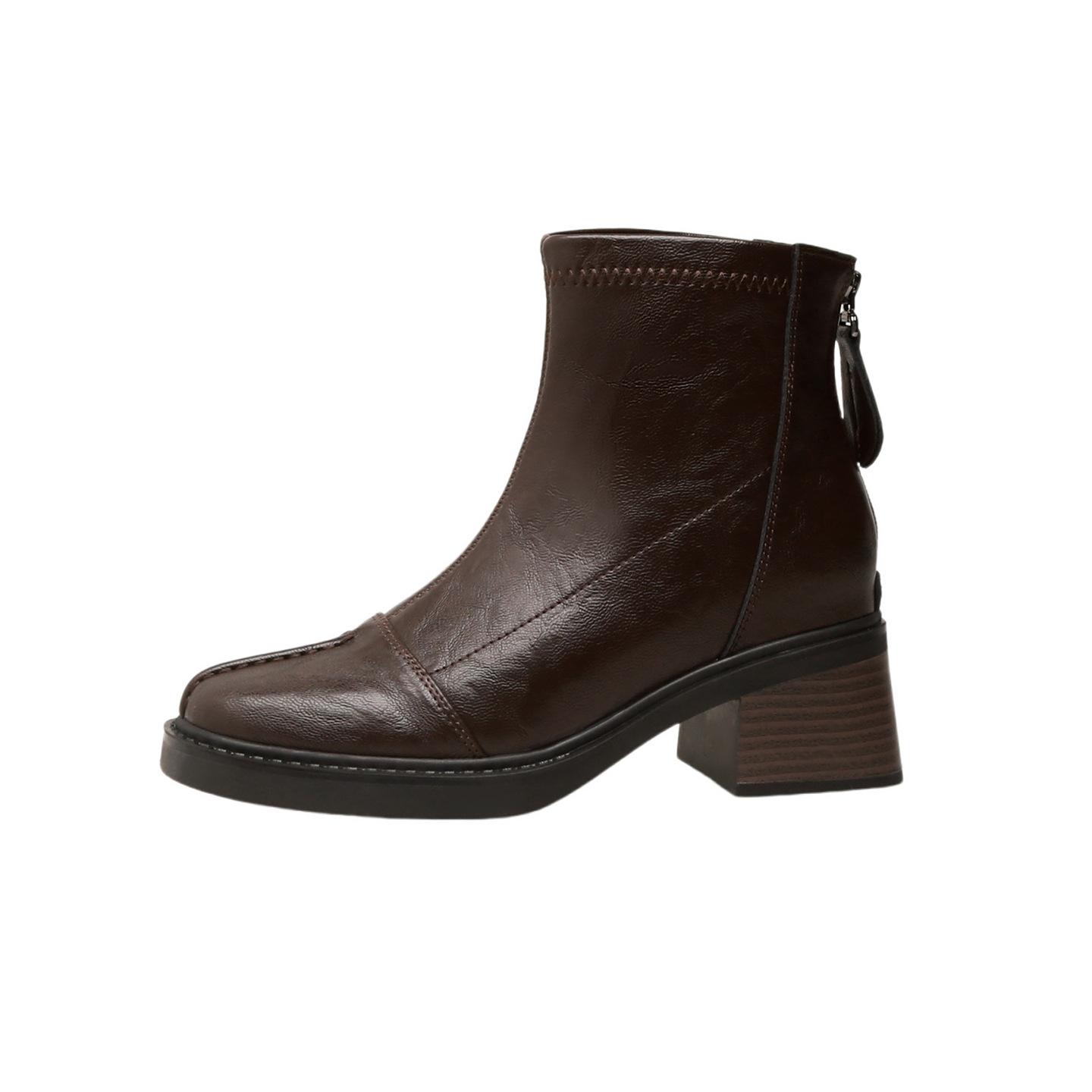 Women Square Toe Chunky Heel Chelsea Ankle Boots, PU Low Shaft Winter Boots with Back Zip