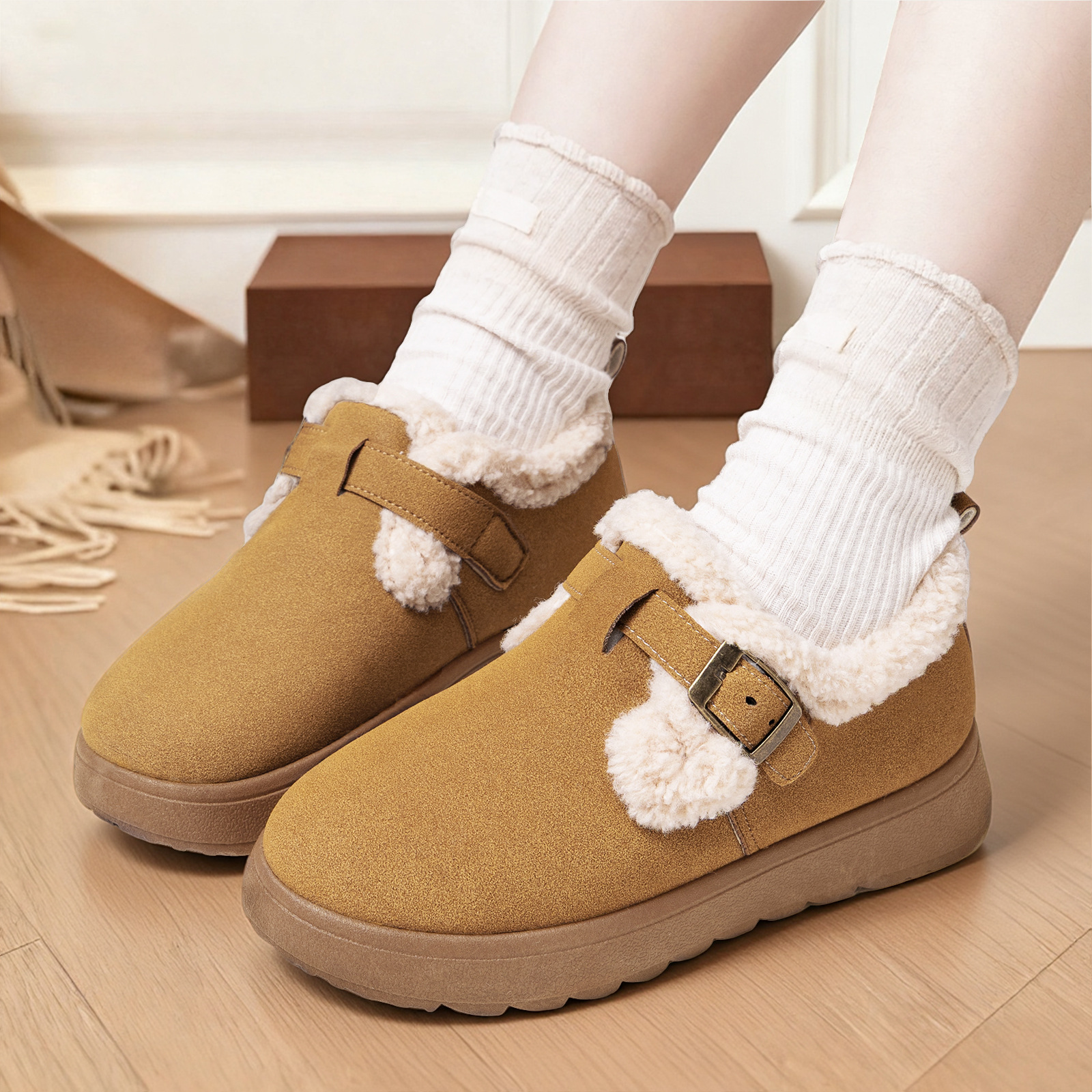 Women's Winter Fleece-Lined Cotton Snow Boots, Slip-On Low Top Casual Shoes