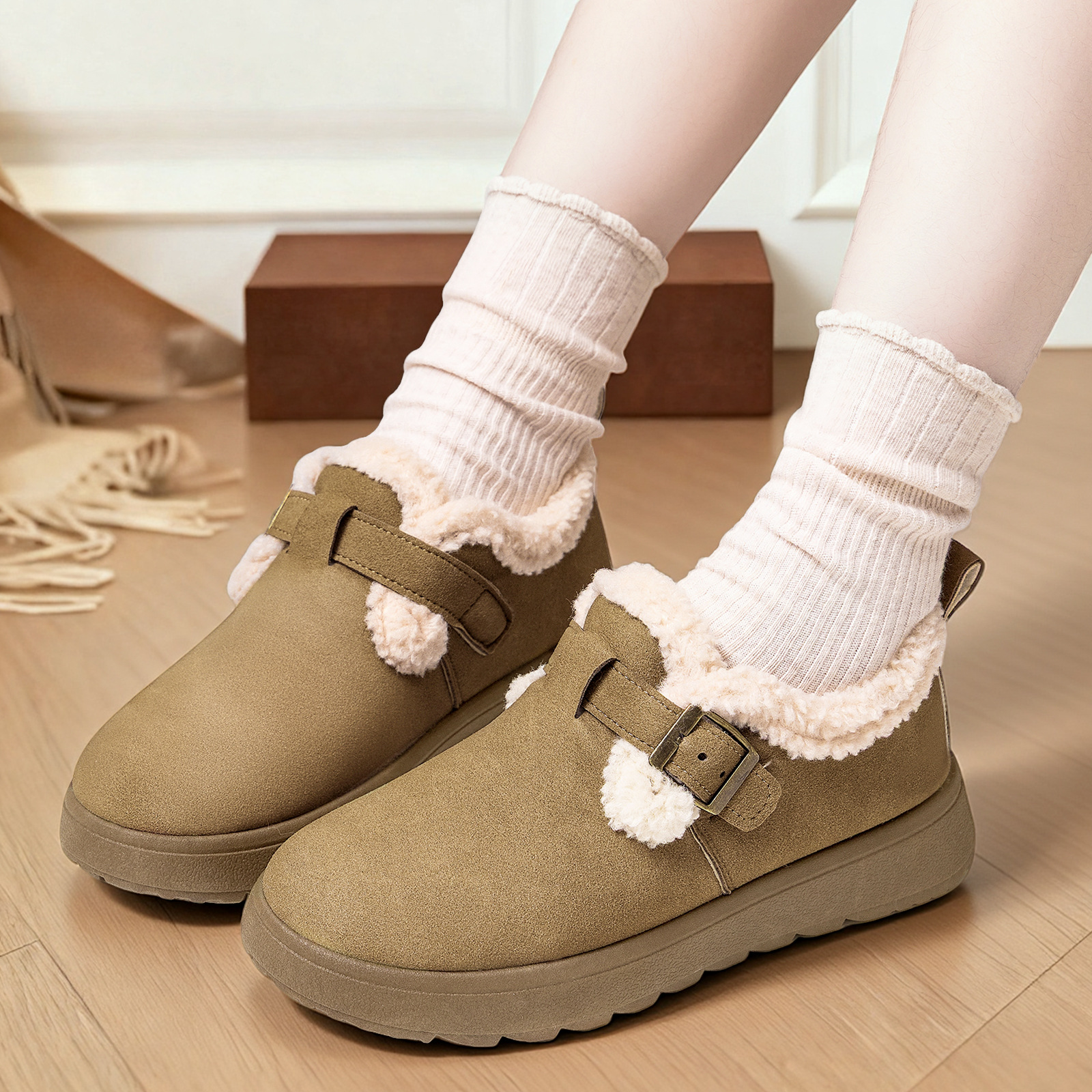 Women's Winter Fleece-Lined Cotton Snow Boots, Slip-On Low Top Casual Shoes