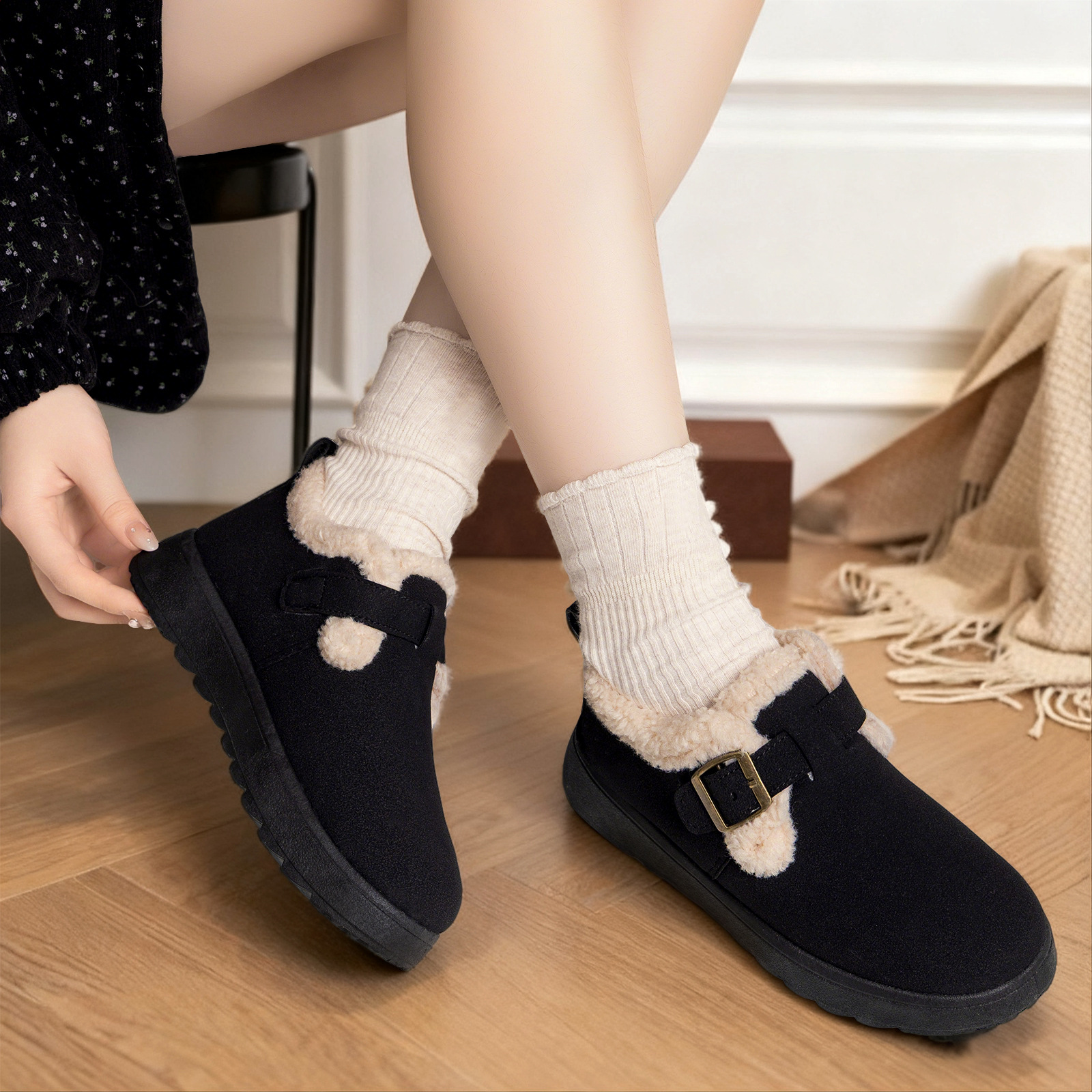 Women's Winter Fleece-Lined Cotton Snow Boots, Slip-On Low Top Casual Shoes