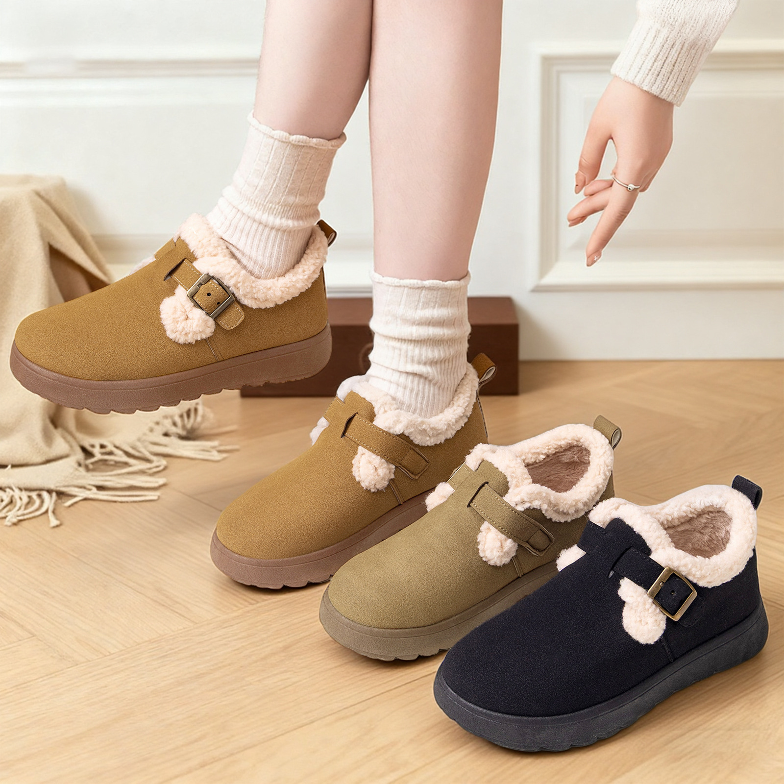 Women's Winter Fleece-Lined Cotton Snow Boots, Slip-On Low Top Casual Shoes
