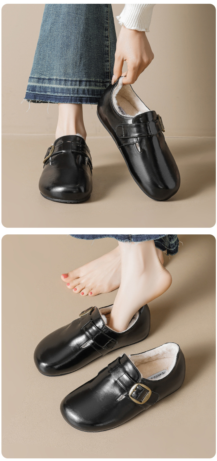 Weiwei Women's Fleece-Lined Clog Shoes, Winter Warm Low Heel Slip-On Shoes with Buckle
