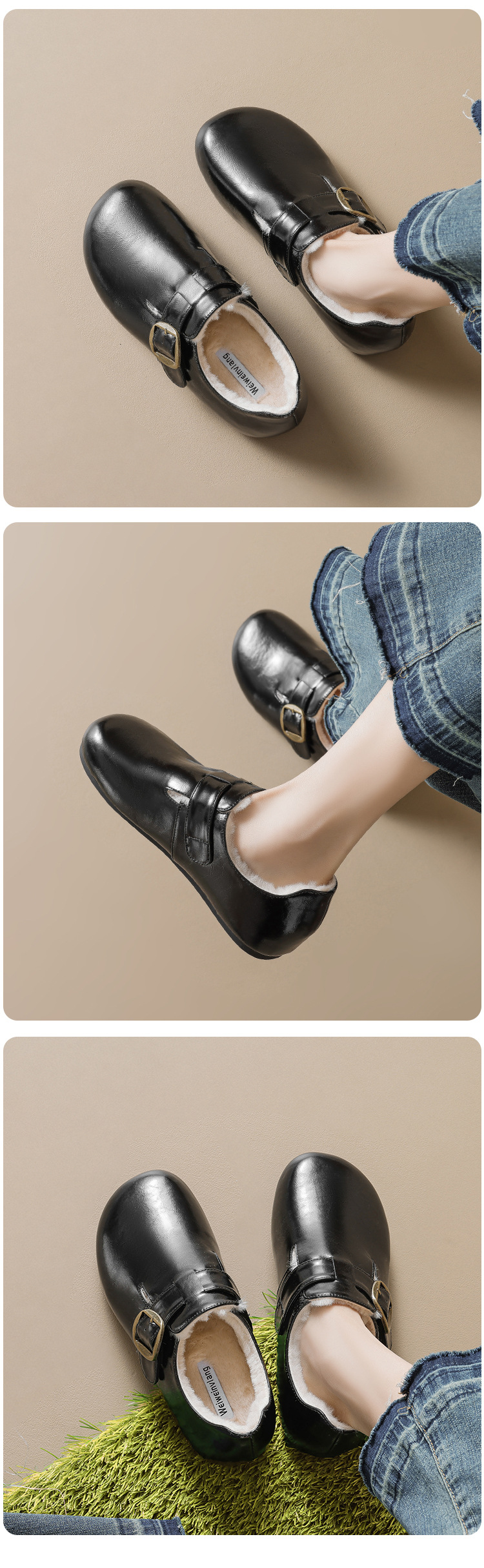 Weiwei Women's Fleece-Lined Clog Shoes, Winter Warm Low Heel Slip-On Shoes with Buckle