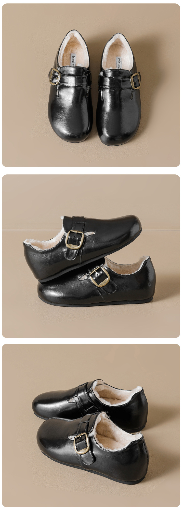 Weiwei Women's Fleece-Lined Clog Shoes, Winter Warm Low Heel Slip-On Shoes with Buckle