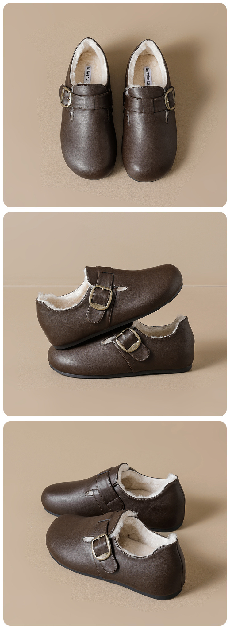 Weiwei Women's Fleece-Lined Clog Shoes, Winter Warm Low Heel Slip-On Shoes with Buckle