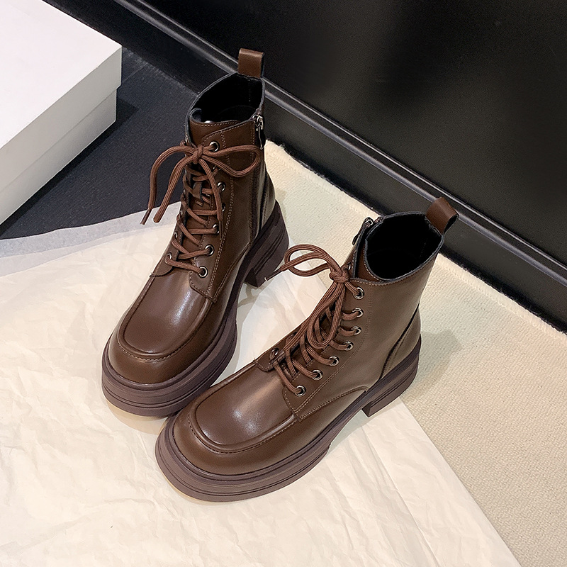 Women's Genuine Leather Martin Boots with Hidden Heel, Retro Brown Lace-Up Ankle Boots