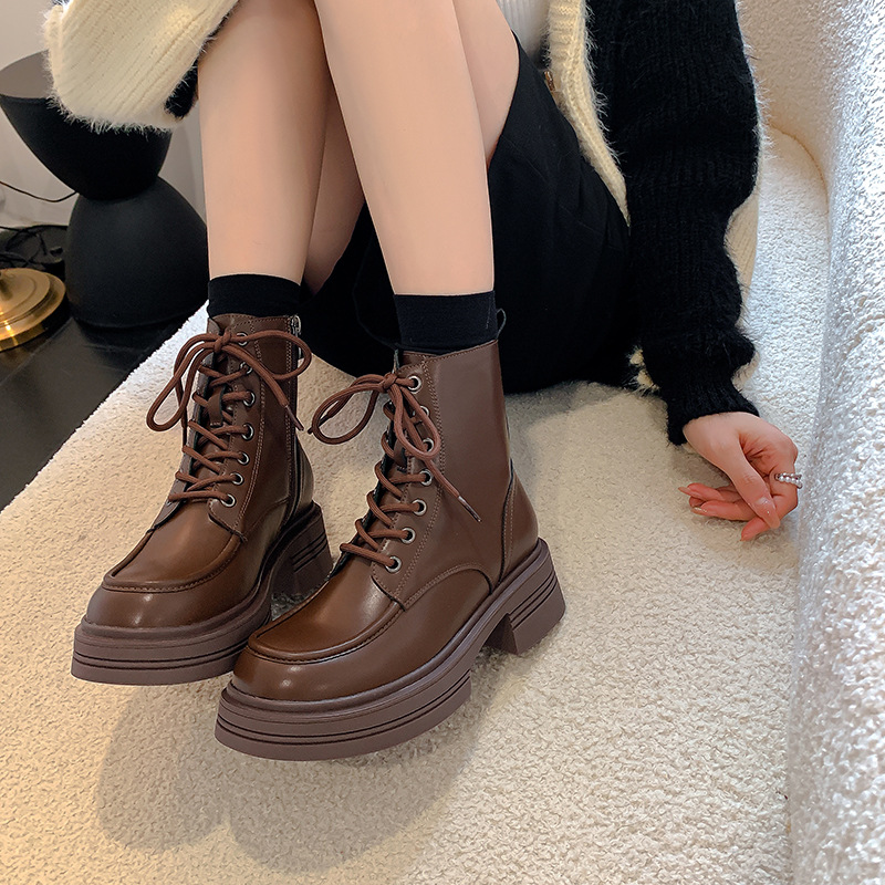Women's Genuine Leather Martin Boots with Hidden Heel, Retro Brown Lace-Up Ankle Boots