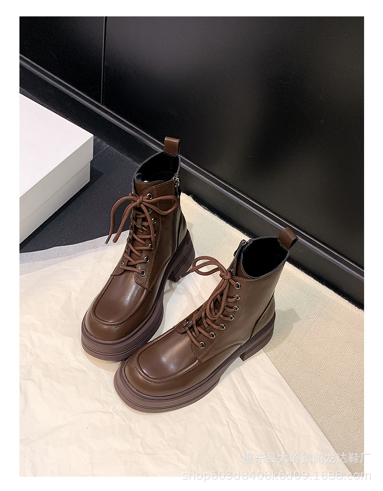 Women's Genuine Leather Martin Boots with Hidden Heel, Retro Brown Lace-Up Ankle Boots