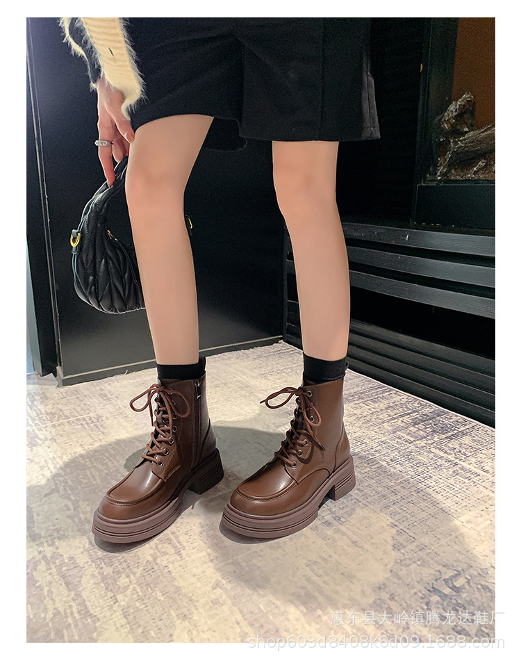 Women's Genuine Leather Martin Boots with Hidden Heel, Retro Brown Lace-Up Ankle Boots