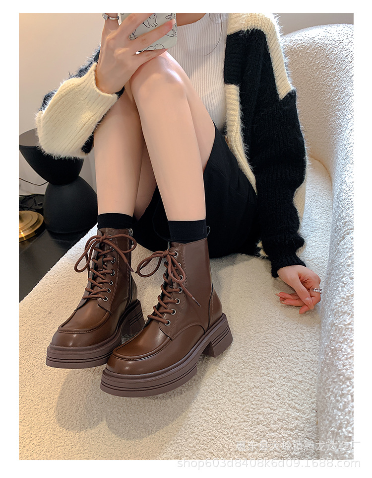 Women's Genuine Leather Martin Boots with Hidden Heel, Retro Brown Lace-Up Ankle Boots