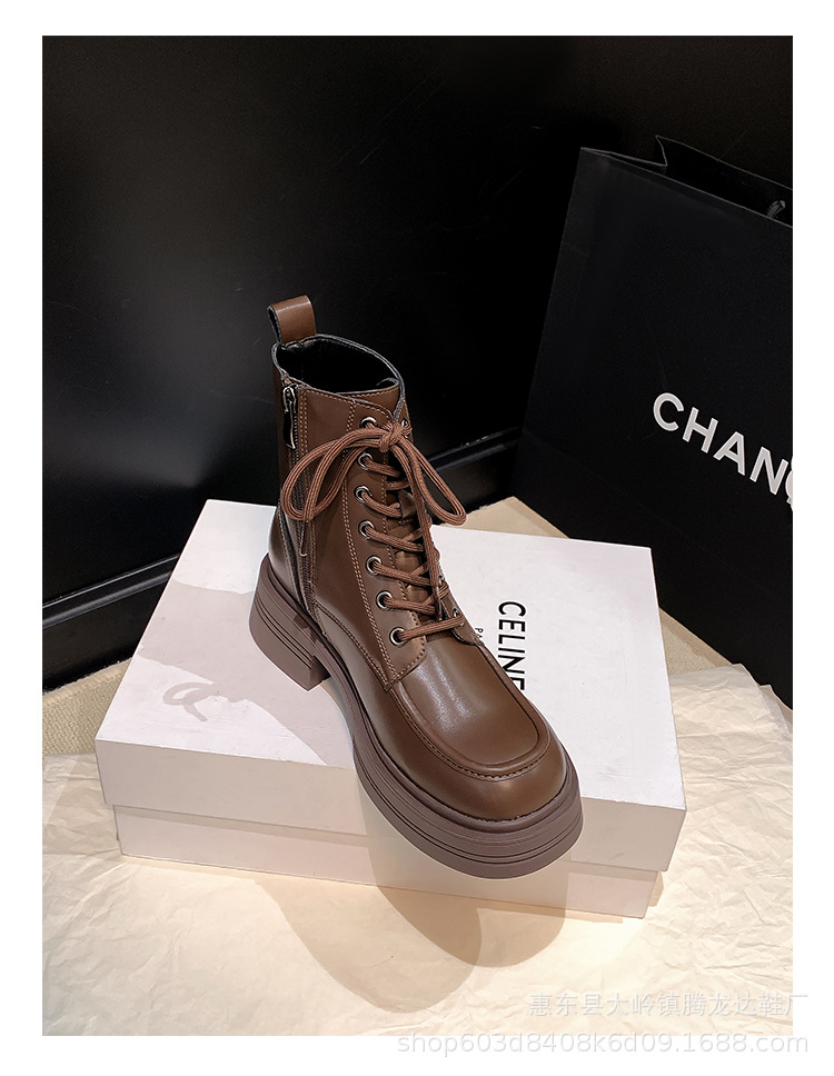 Women's Genuine Leather Martin Boots with Hidden Heel, Retro Brown Lace-Up Ankle Boots
