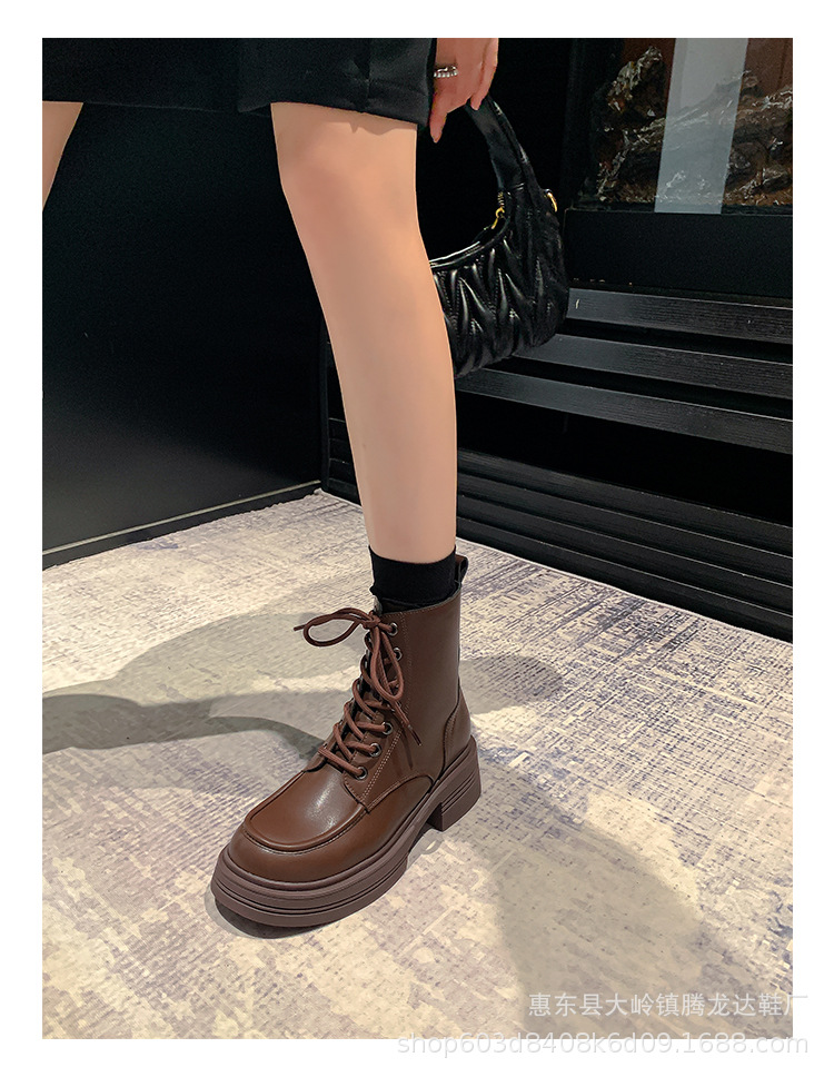 Women's Genuine Leather Martin Boots with Hidden Heel, Retro Brown Lace-Up Ankle Boots