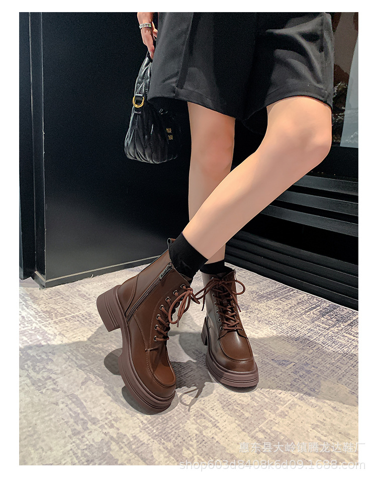 Women's Genuine Leather Martin Boots with Hidden Heel, Retro Brown Lace-Up Ankle Boots