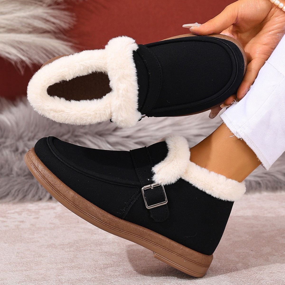 Women's Winter Snow Boots, Warm Slip-On Flat Ankle Boots with Faux Fur Lining, Casual Comfortable Shoes