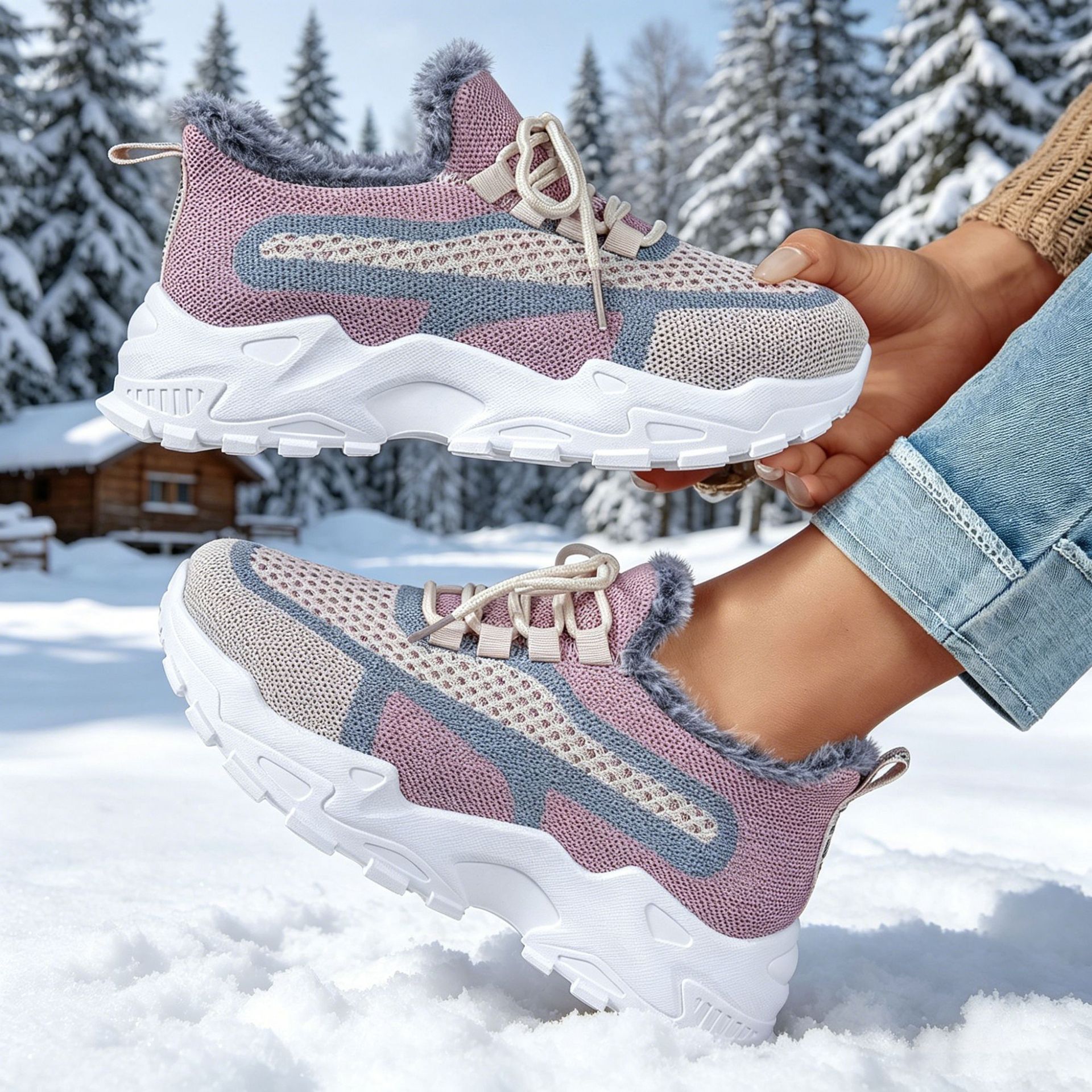 Women's Winter Fleece-Lined Cotton Shoes, Thick Sole Platform Sneakers, Warm Non-Slip Casual Shoes for Outdoor Wear