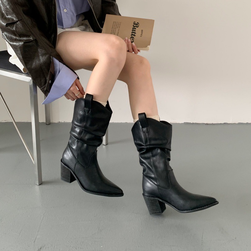 Women Pointed Toe Chunky Heel Mid Calf Western Boots PU Leather Slouch Boots for Fall Winter