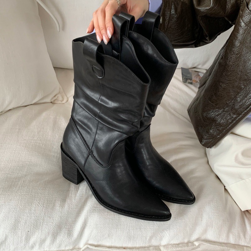 Women Pointed Toe Chunky Heel Mid Calf Western Boots PU Leather Slouch Boots for Fall Winter