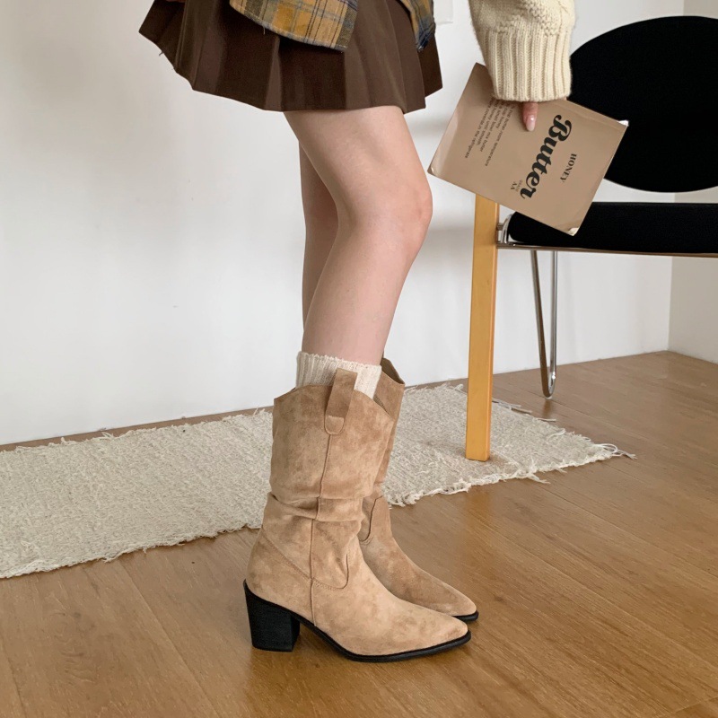 Women Pointed Toe Chunky Heel Mid Calf Western Boots PU Leather Slouch Boots for Fall Winter