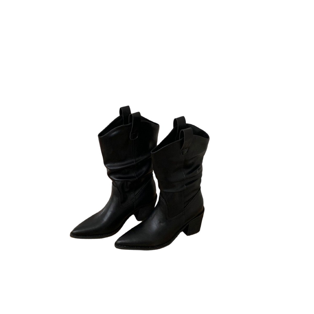Women Pointed Toe Chunky Heel Mid Calf Western Boots PU Leather Slouch Boots for Fall Winter