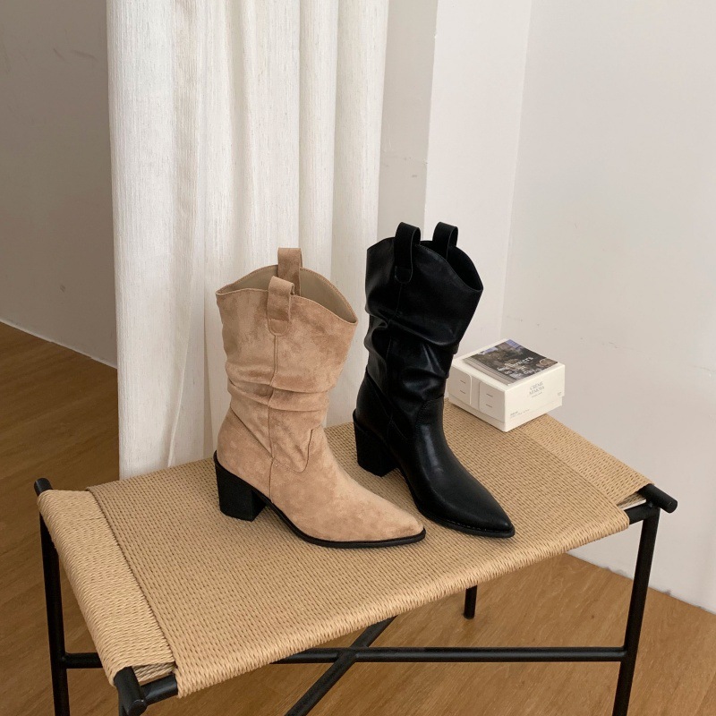 Women Pointed Toe Chunky Heel Mid Calf Western Boots PU Leather Slouch Boots for Fall Winter