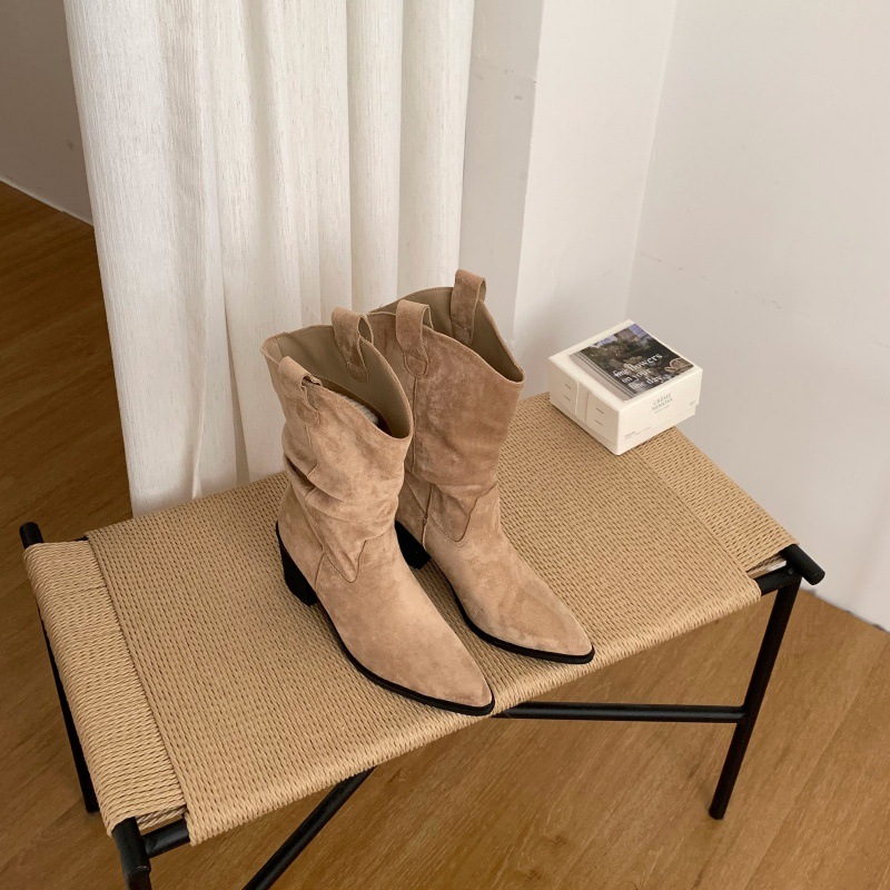 Women Pointed Toe Chunky Heel Mid Calf Western Boots PU Leather Slouch Boots for Fall Winter