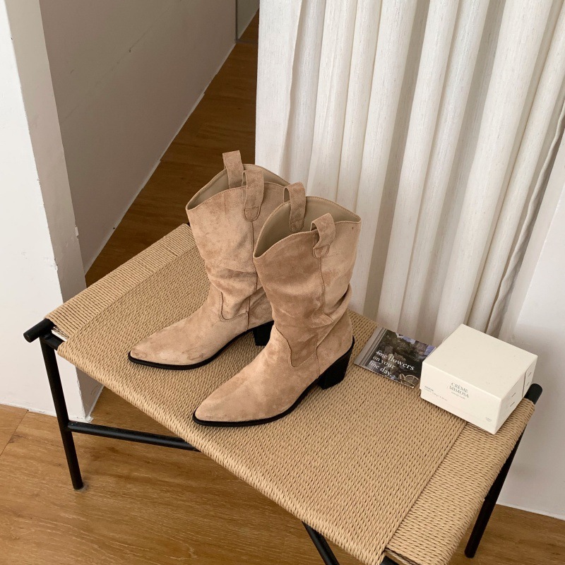 Women Pointed Toe Chunky Heel Mid Calf Western Boots PU Leather Slouch Boots for Fall Winter