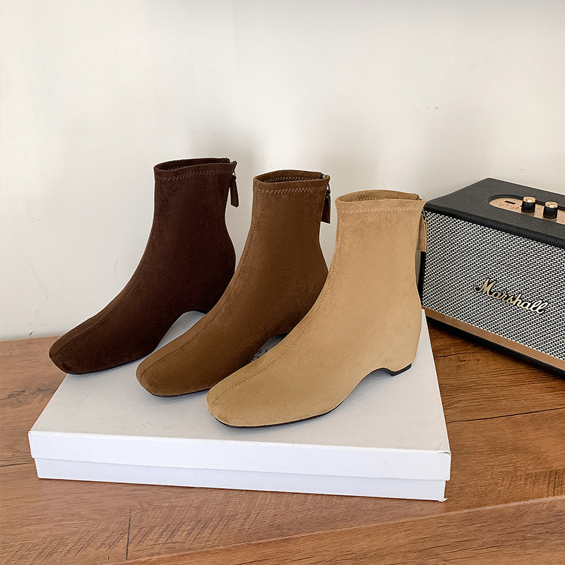 Women Suede Square Toe Ankle Boots with Hidden Heel and Back Zipper, Fall Winter Short Boots