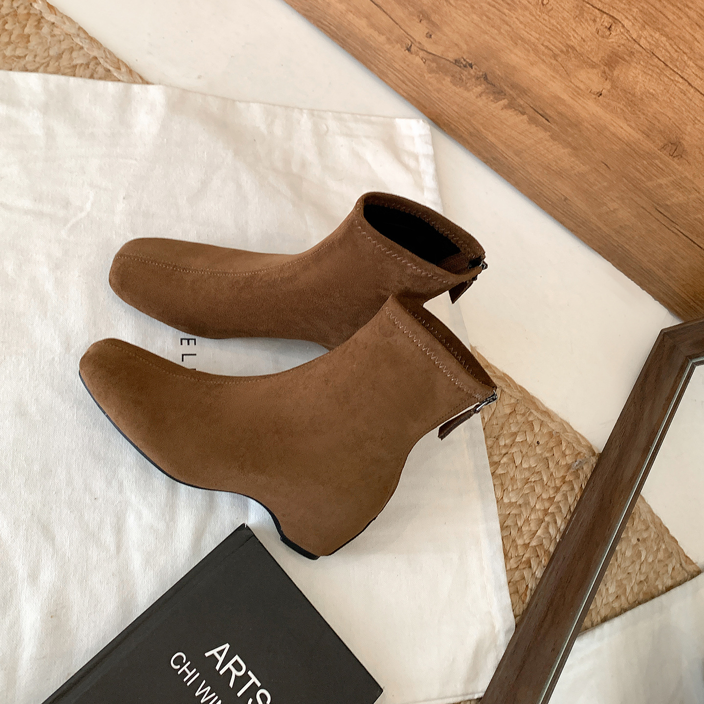 Women Suede Square Toe Ankle Boots with Hidden Heel and Back Zipper, Fall Winter Short Boots