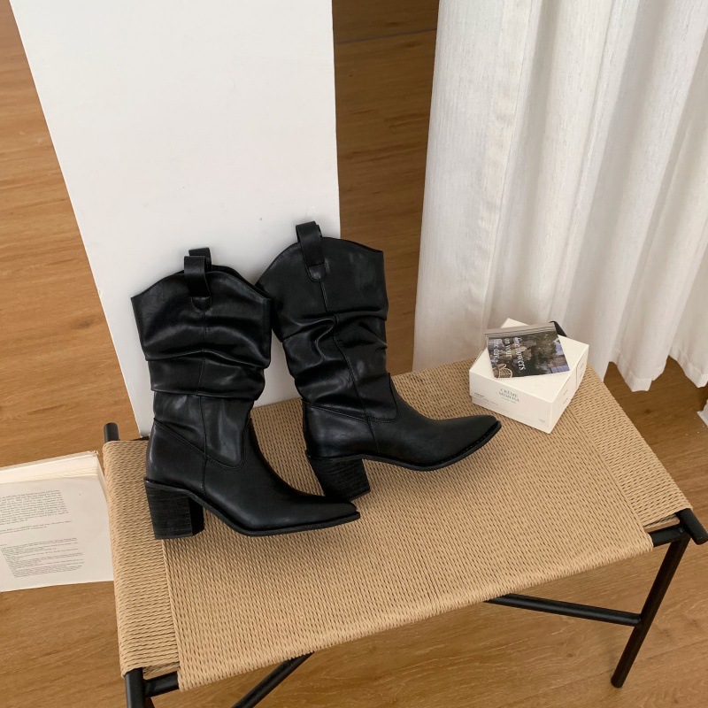 Women Pointed Toe Chunky Heel Mid Calf Western Boots PU Leather Slouch Boots for Fall Winter