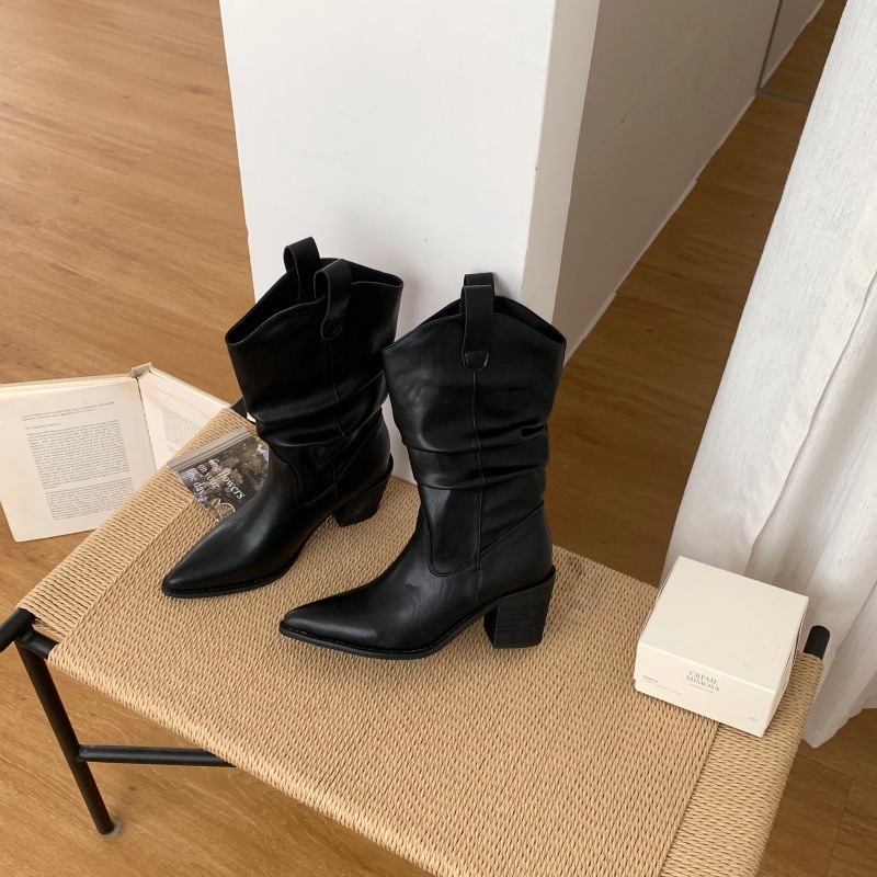 Women Pointed Toe Chunky Heel Mid Calf Western Boots PU Leather Slouch Boots for Fall Winter