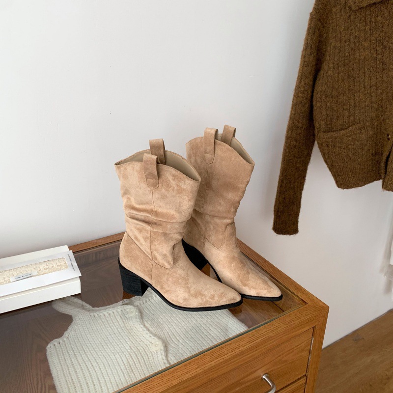 Women Pointed Toe Chunky Heel Mid Calf Western Boots PU Leather Slouch Boots for Fall Winter