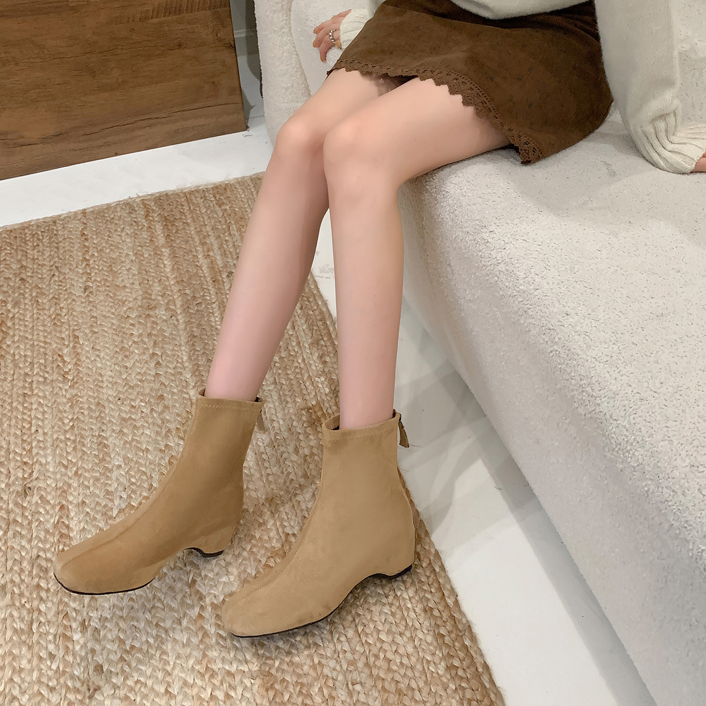 Women Suede Square Toe Ankle Boots with Hidden Heel and Back Zipper, Fall Winter Short Boots