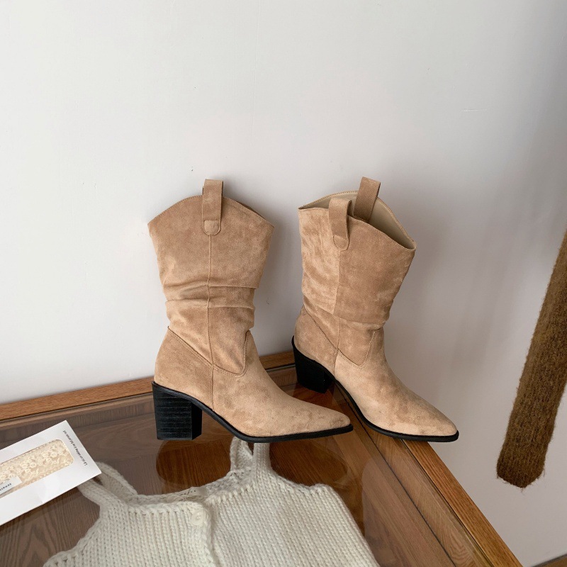 Women Pointed Toe Chunky Heel Mid Calf Western Boots PU Leather Slouch Boots for Fall Winter
