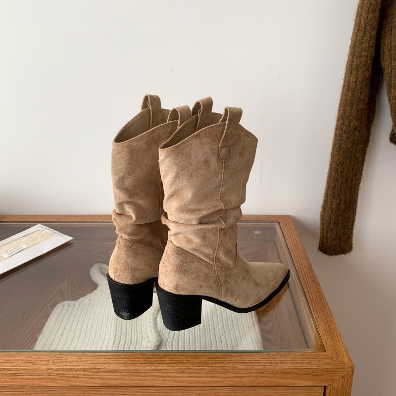 Women Pointed Toe Chunky Heel Mid Calf Western Boots PU Leather Slouch Boots for Fall Winter