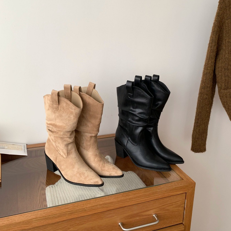 Women Pointed Toe Chunky Heel Mid Calf Western Boots PU Leather Slouch Boots for Fall Winter