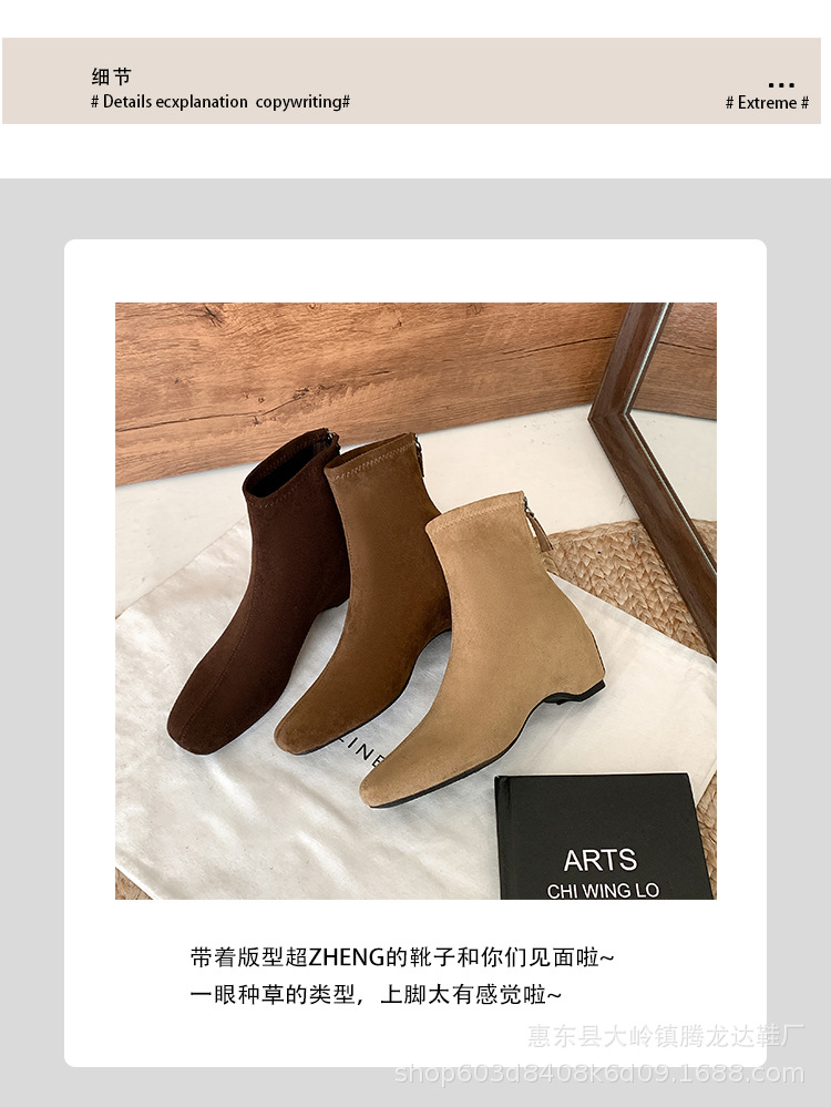 Women Suede Square Toe Ankle Boots with Hidden Heel and Back Zipper, Fall Winter Short Boots