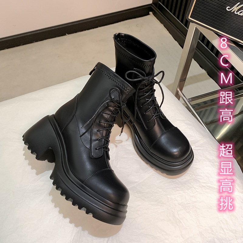 Women's Leather Ankle Boots, Round Toe Chunky Heel Lace-Up Martin Boots for Fall Winter