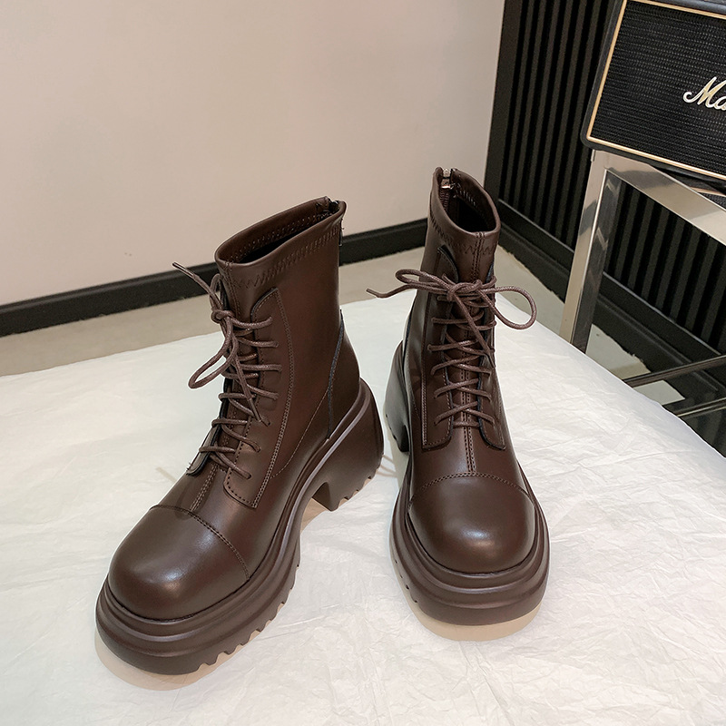 Women's Leather Ankle Boots, Round Toe Chunky Heel Lace-Up Martin Boots for Fall Winter