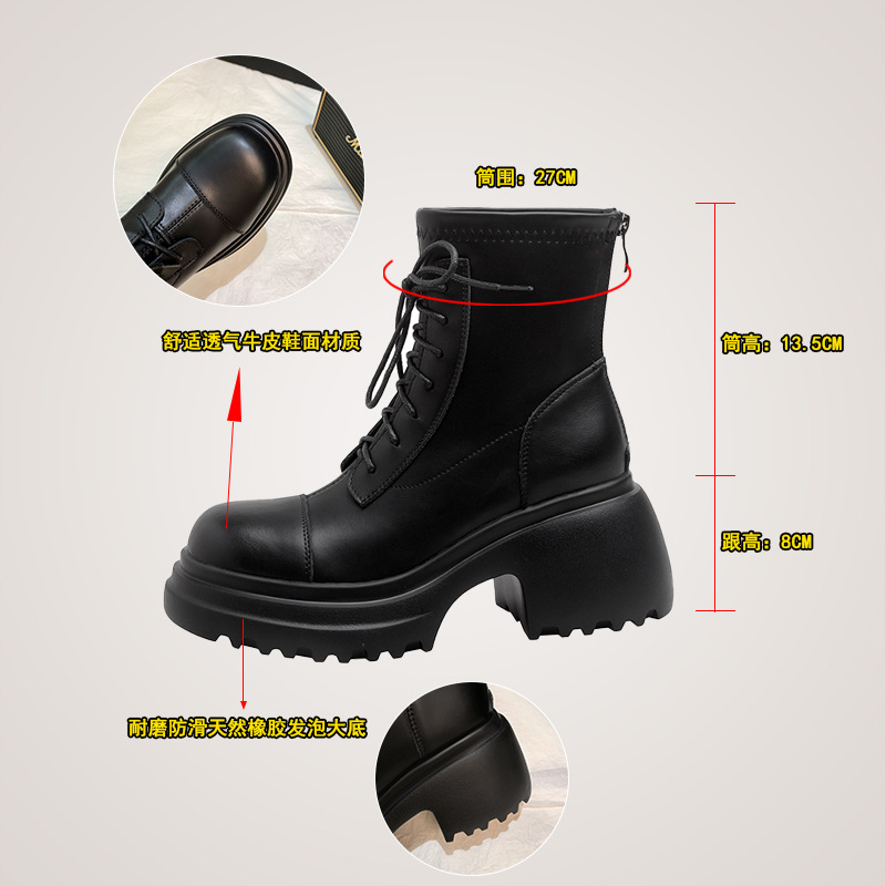 Women's Leather Ankle Boots, Round Toe Chunky Heel Lace-Up Martin Boots for Fall Winter