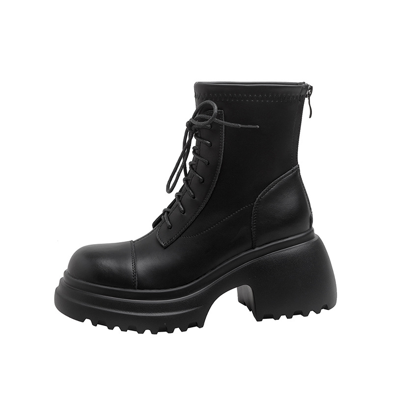 Women's Leather Ankle Boots, Round Toe Chunky Heel Lace-Up Martin Boots for Fall Winter