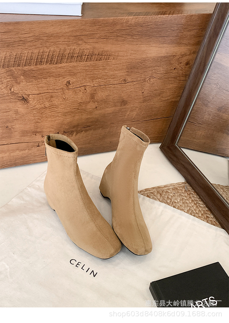 Women Suede Square Toe Ankle Boots with Hidden Heel and Back Zipper, Fall Winter Short Boots