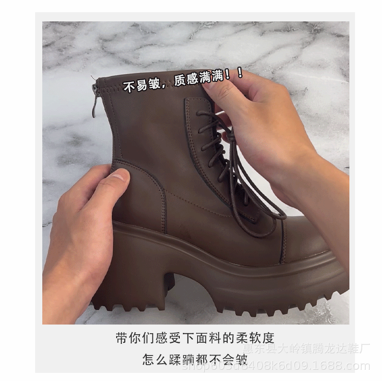 Women's Leather Ankle Boots, Round Toe Chunky Heel Lace-Up Martin Boots for Fall Winter